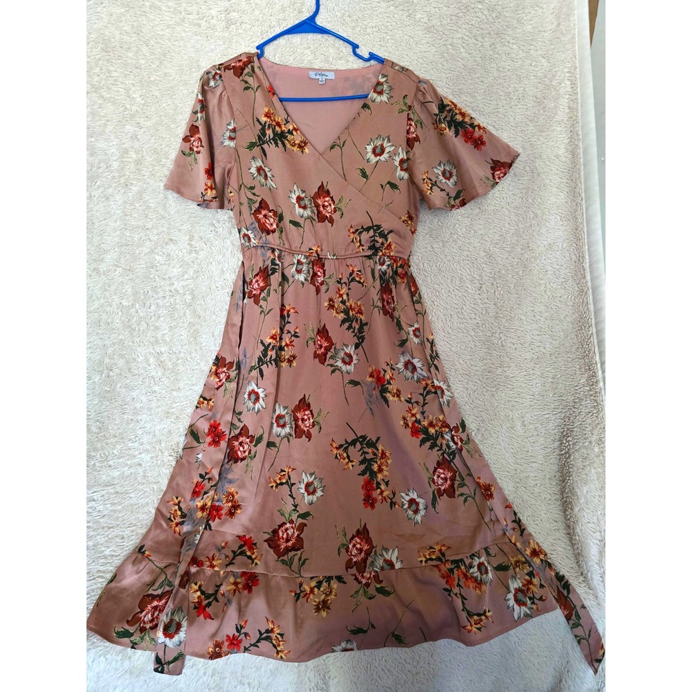 Polygram Womens Pink Floral V-Neck Belted Tie Waist Midi A-Line Dress S